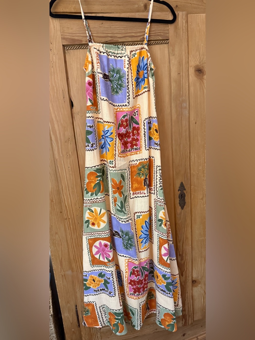 Cream Floral Stamp Print Maxi Dress with Spaghetti Straps
